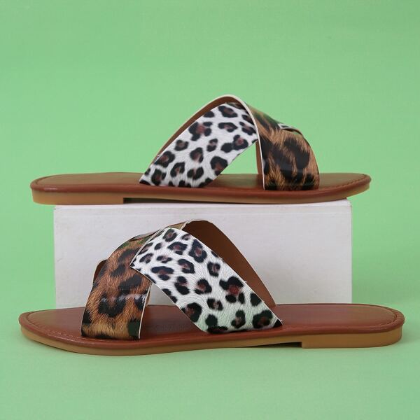 

Criss Cross Leopard Pattern Slide Sandals, Brown