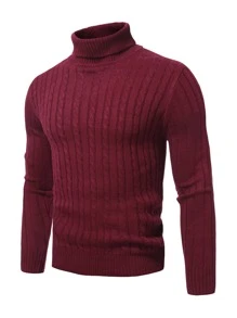 Manfinity Men Cable Knit Turtleneck Sweater - Burgundy - View 1