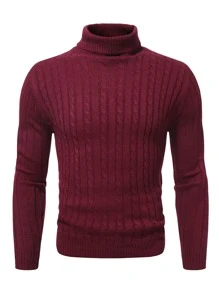 Manfinity Men Cable Knit Turtleneck Sweater - Burgundy - View 7