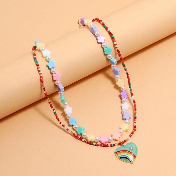 

2pcs Flower decor Beaded Necklace, Multicolor