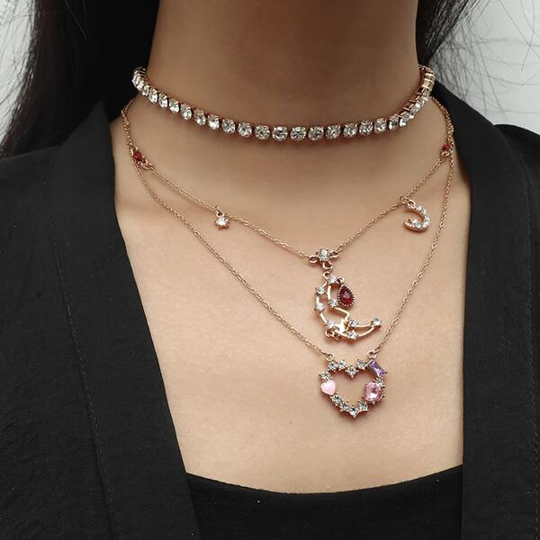 

Rhinestone Decor Layered Necklace, Gold