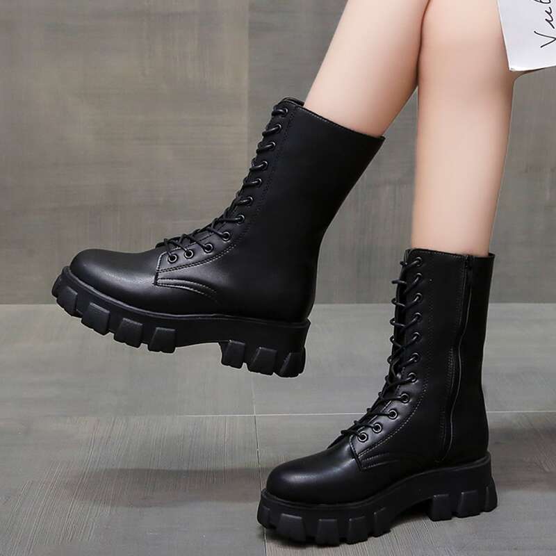 

Solid Side Zipper Chunky Combat Boots, Black