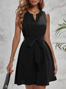 Solid Notch Neck Belted Sleeveless Dress - Black - View 1