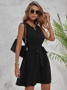 Solid Notch Neck Belted Sleeveless Dress - Black - View 4