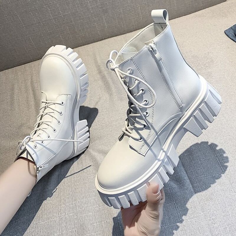 

Solid Side Zipper Chunky Combat Boots, White