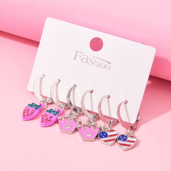 

3pairs Girls Strawberry & Crown Decor Earrings, Multicolor