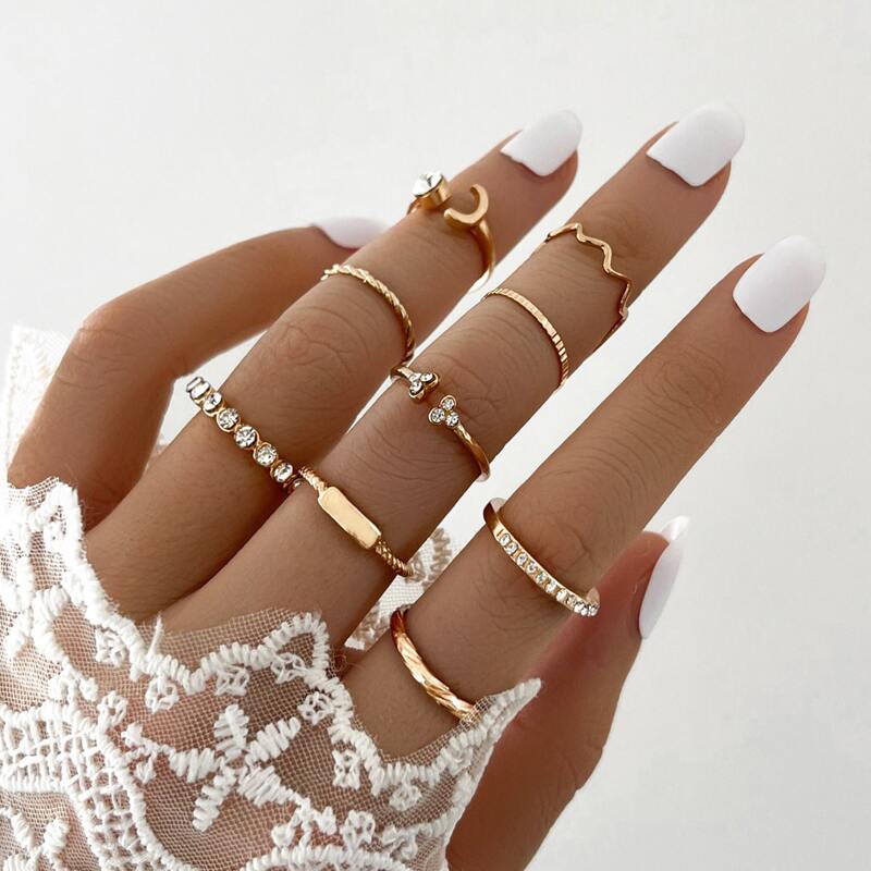 

9pcs Rhinestone Decor Ring, Gold