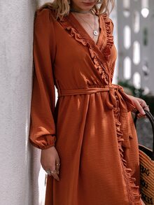 Simplee Women's Solid Color Casual Vacation Western Style Ruffle V-Neck Long Sleeve Dress, Autumn