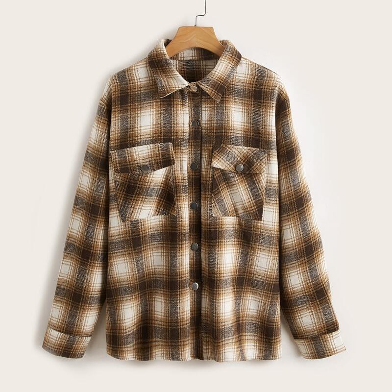 

Plaid Print Button Front Outerwear, Chocolate brown