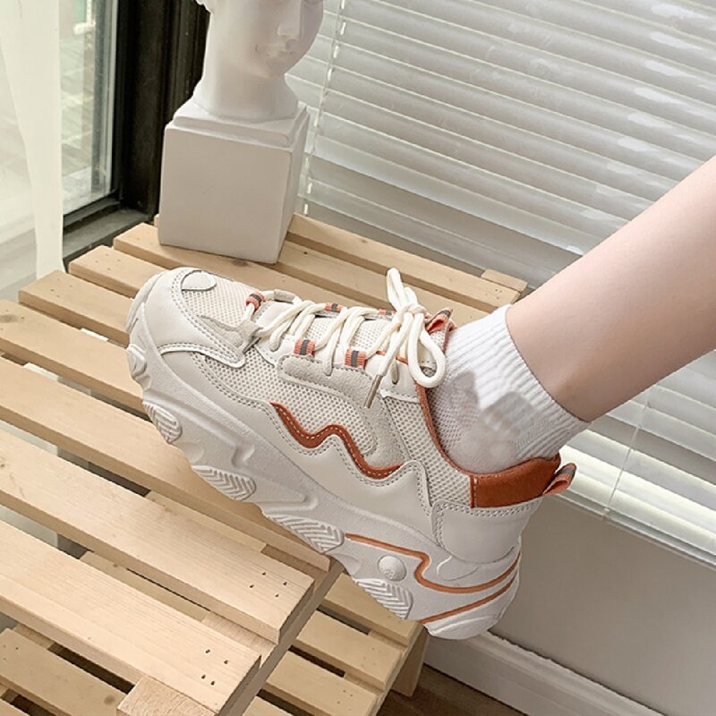 

Lace-up Front Mesh Panel Chunky Sneakers, Beige
