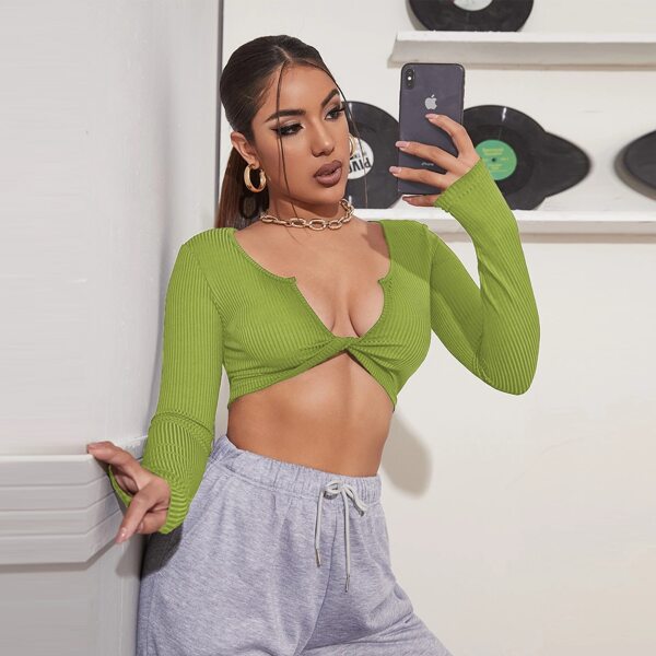 

Twist Front Rib-knit Tee, Lime green