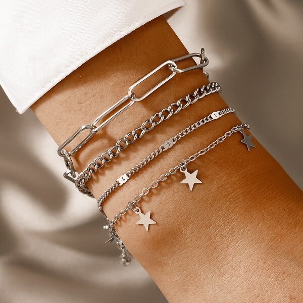 

4pcs Star Charm Chain Bracelet, Silver