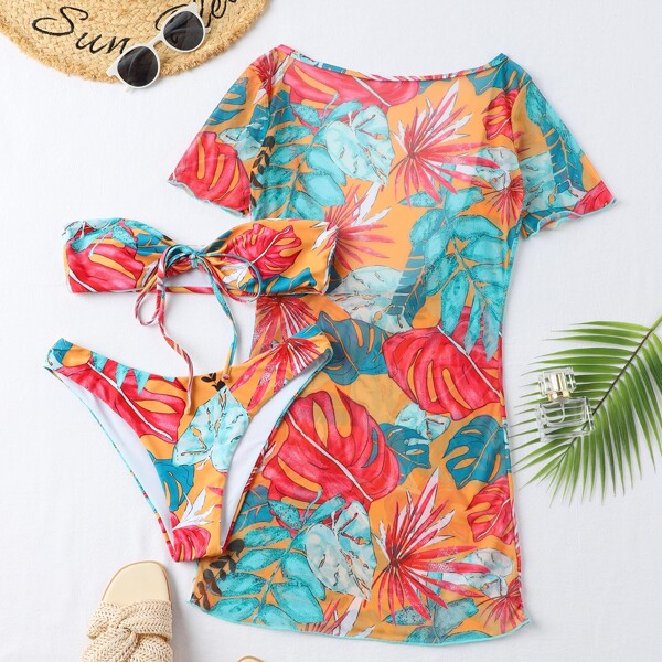 

3pack Floral & Tropical Halter Bikini Swimsuit & Cover Up, Multicolor
