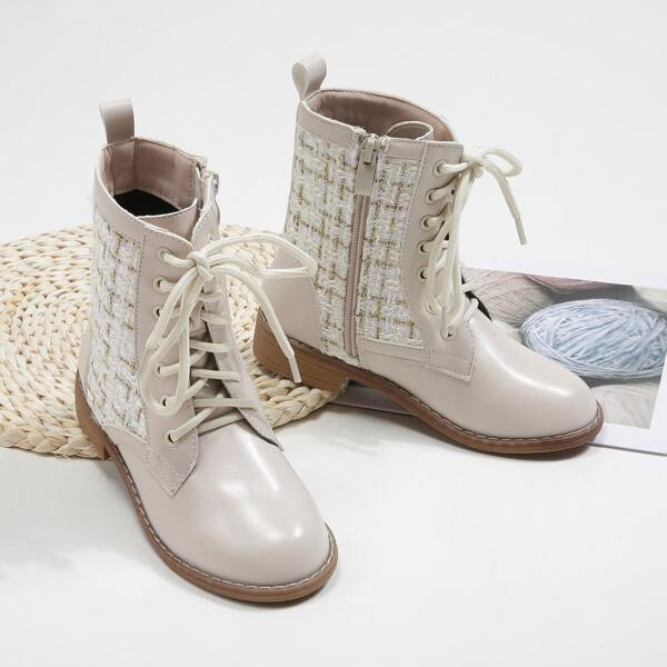 

Girls Plaid Lace Up Front Boots, Apricot