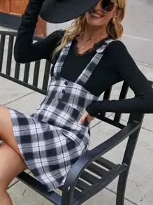 Plaid Pinafore Dress - Black and White - View 1