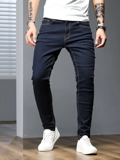 EGENSIO Men Cotton Solid Skinny Jeans Plain Dark Blue Slim Fit Long Dark Wash Jeans Washed Cargo Jeans, For Husband, Boyfriend Gifts Office Going Out Work Vacation Urban