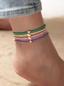 Niñas 4 piezas Pulsera tobillera con cuenta con diseño de estrella y luna - Multicolor - Ver 1