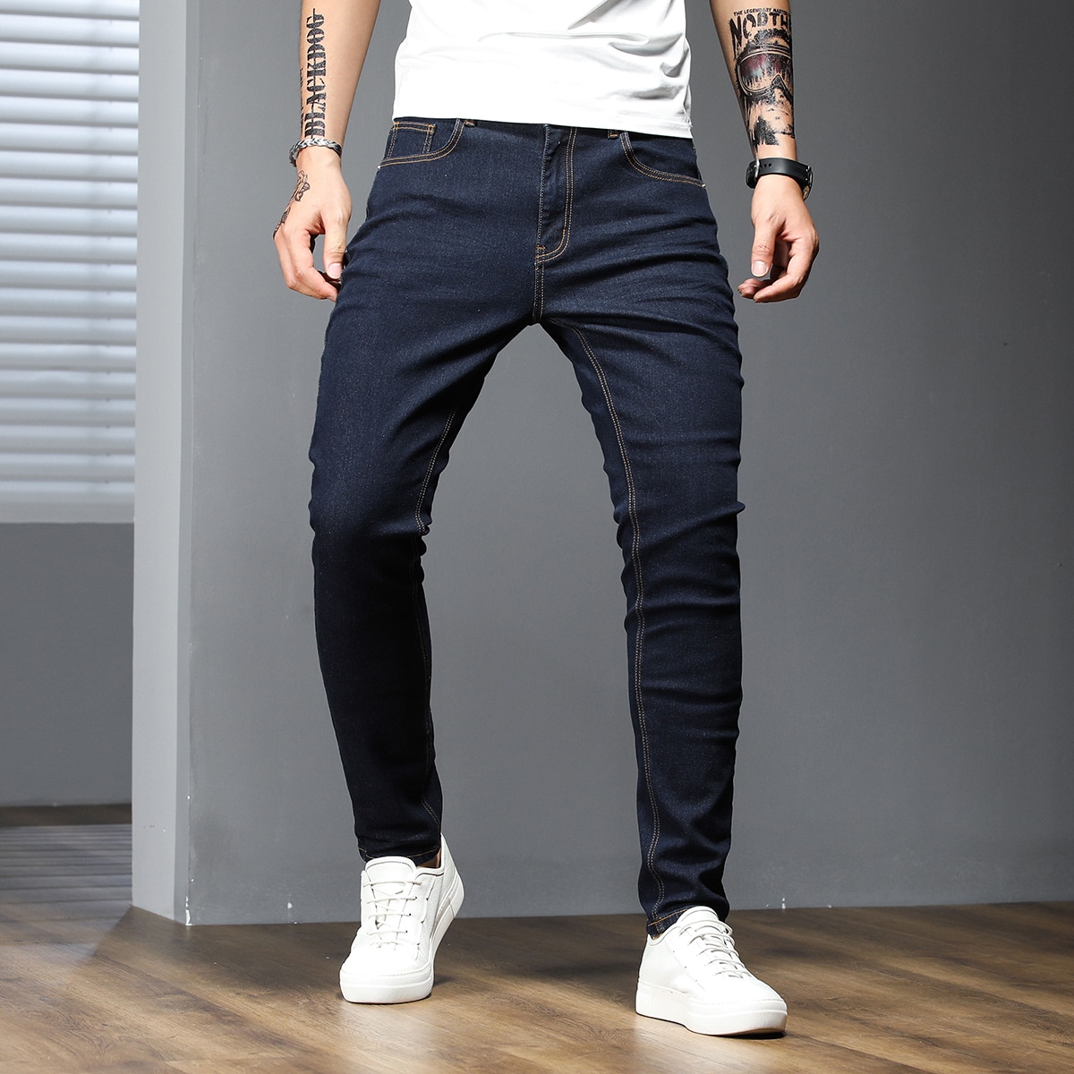 Vaqueros de hombre de algodón lisos con corte ajustado, de color azul oscuro, ajuste delgado, lavado oscuro, vaqueros de carga lavados, para regalos