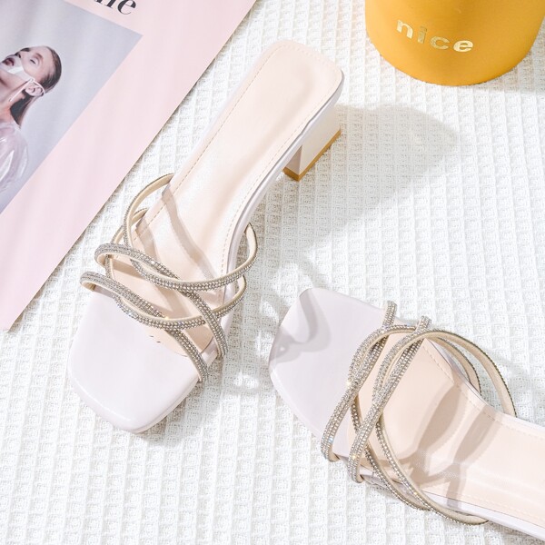 

Rhinestone Decor Chunky Slide Sandals, Beige