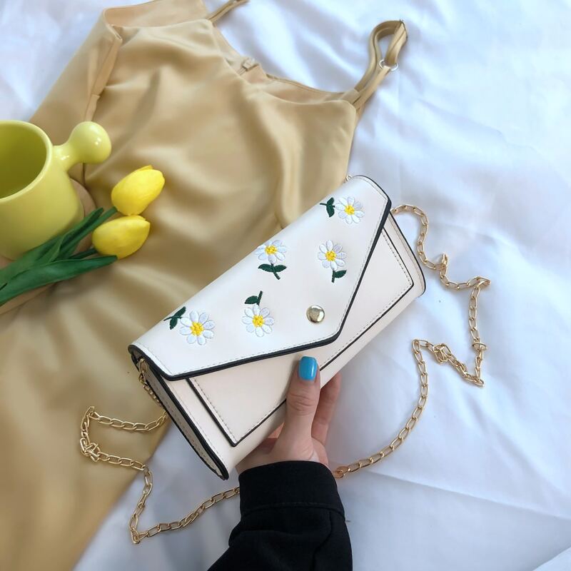 

Floral Embroidery Chain Crossbody Bag, Beige