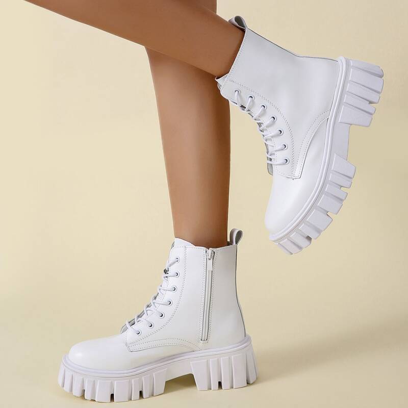 

Solid Side Zipper Chunky Combat Boots, White