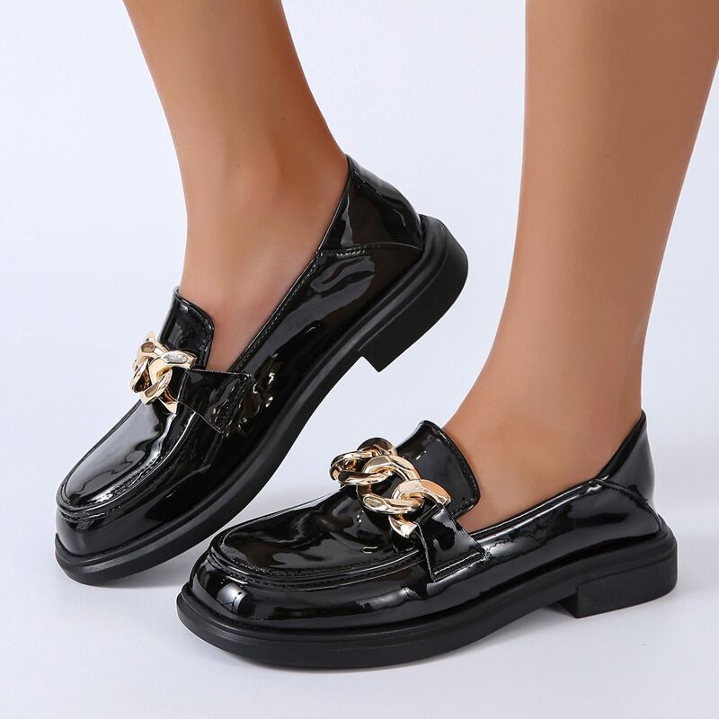 

Chain Decor Square Toe Loafers, Black