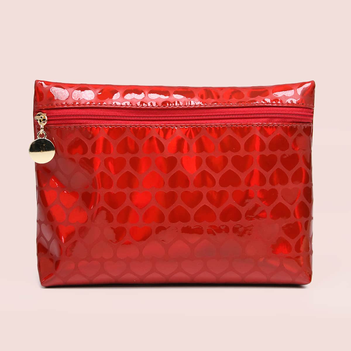 

Metallic Heart Zipper Makeup Bag, Red