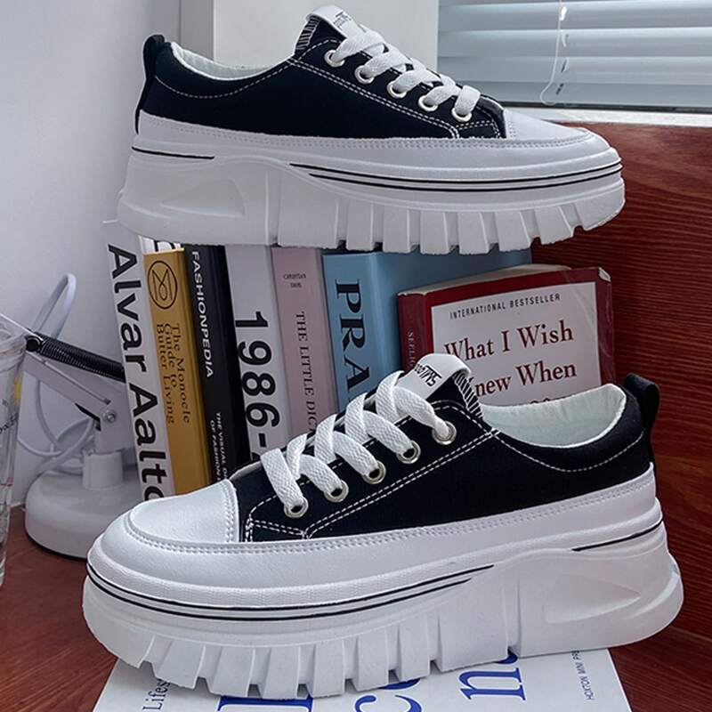 

Lace-up Front Canvas Wedge Sneakers, Black