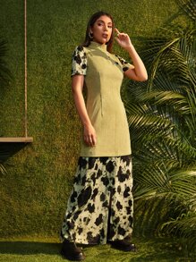 Tie Dye Mock Neck Slit Hem Dress - Mint Green - View 5