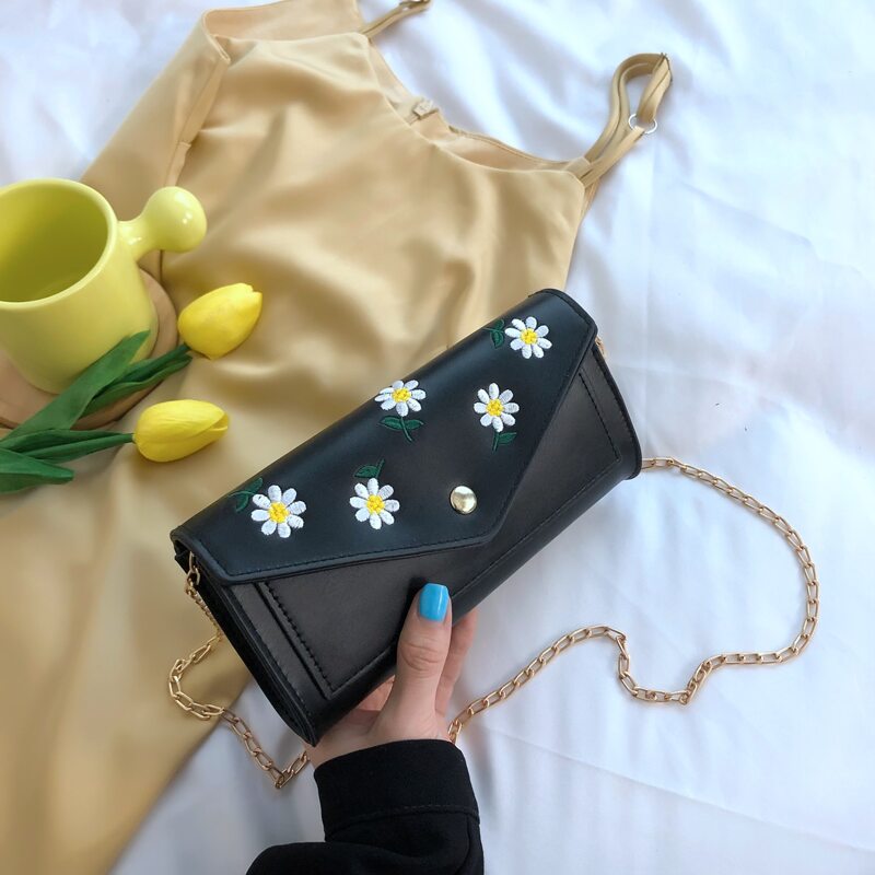 

Floral Embroidery Chain Crossbody Bag, Black