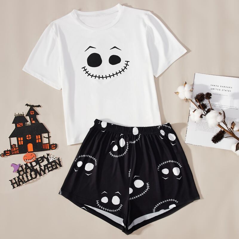 

Halloween Print Tee & Shorts PJ Set, Black and white