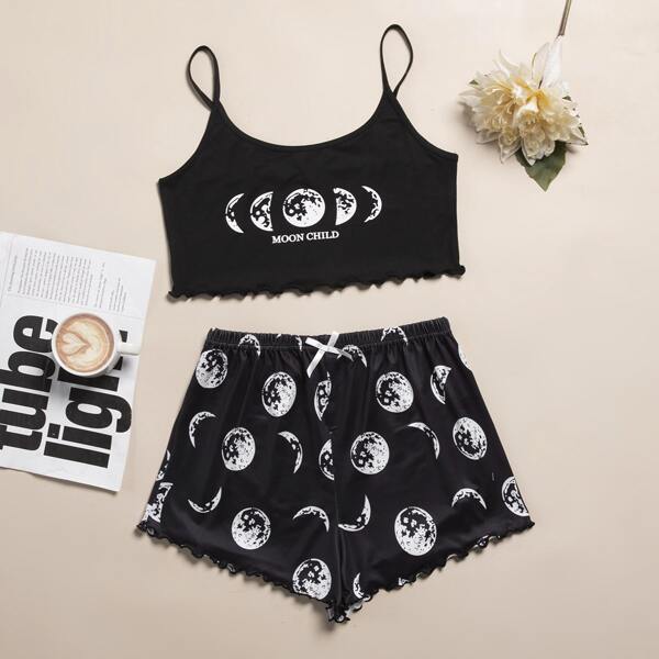 

Letter & Moon Print Lettuce Trim Cami PJ Set, Black