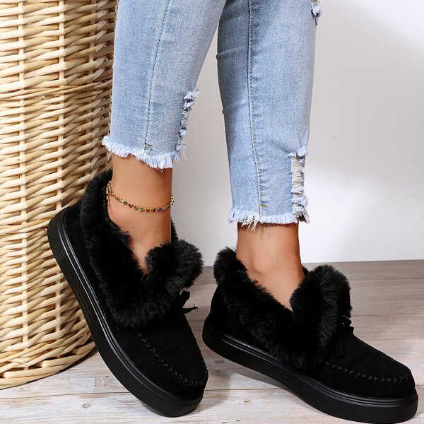 

Fluffy Bow Decor Slip On Flats, Black