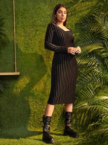 Asymmetrical Neck Striped Velvet Fitted Dress - Black - View 4