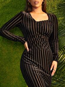 Asymmetrical Neck Striped Velvet Fitted Dress - Black - View 5