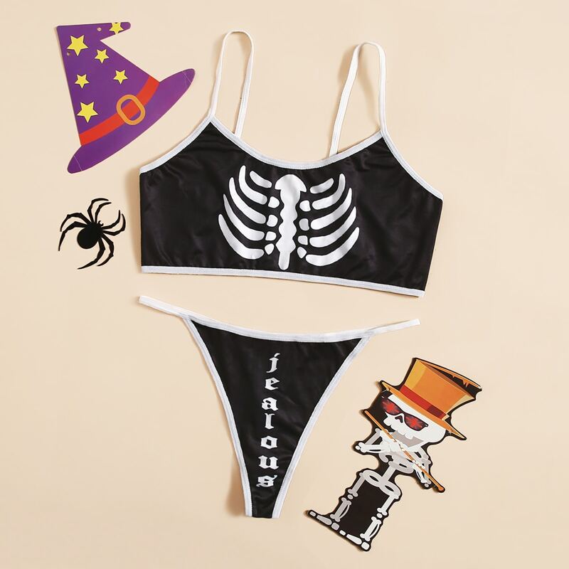 

Graphic Contrast Binding Lingerie Set, Black