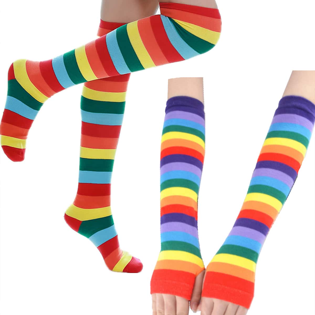 

1pair Colorful Striped Stockings & Gloves, Multicolor