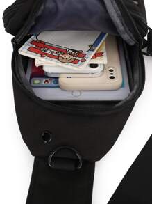 Mini Men Earphone Hole Zip Sling Bag Chest Bag - Black - View 5