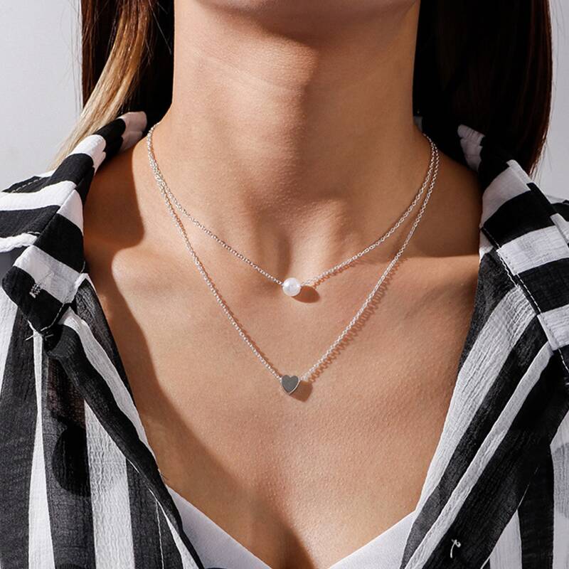 

Faux Pearl Decor Layered Chain Necklace, Silver
