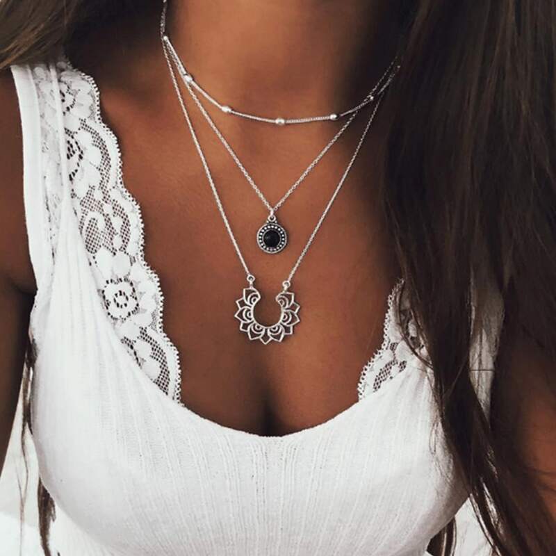 

Geo Pendant Layered Chain Necklace, Silver