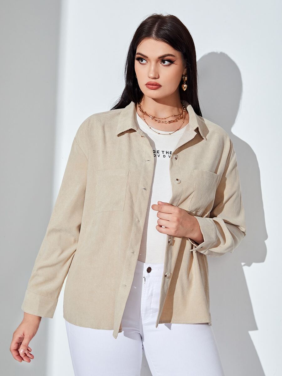 Plus Drop Shoulder Pocket Patched Corduroy Coat - Khaki - View 1