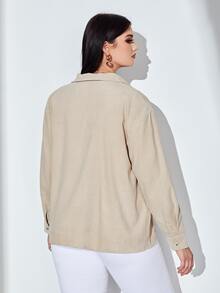 Plus Drop Shoulder Pocket Patched Corduroy Coat - Khaki - View 2