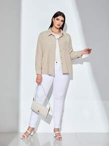 Plus Drop Shoulder Pocket Patched Corduroy Coat - Khaki - View 3