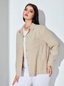Plus Drop Shoulder Pocket Patched Corduroy Coat - Khaki - View 4