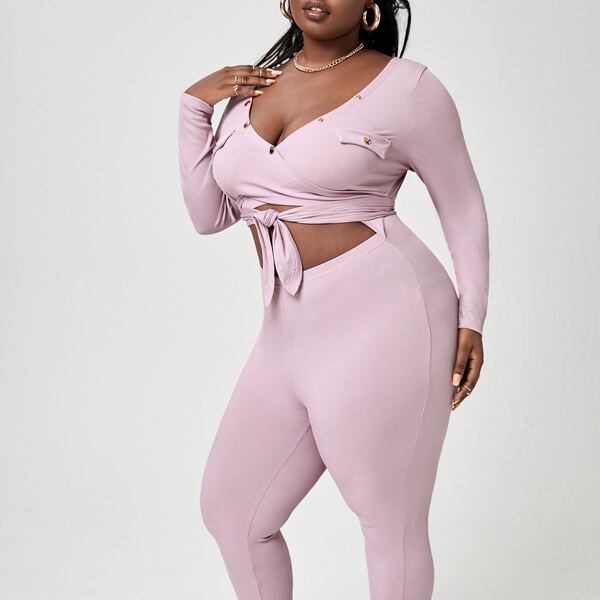 

Plus Ribbed Knit Knot Front Cut Out Jumpsuit, Lilac purple