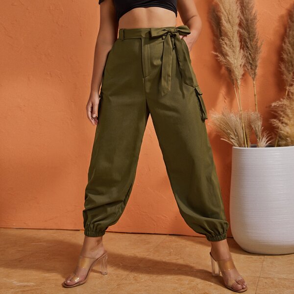 

Plus Flap Pocket Side Belted Cargo Pants, Olive green