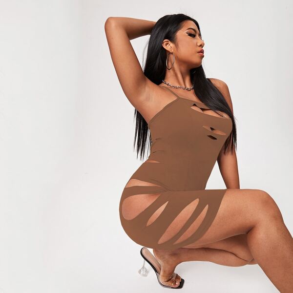 

Plus Cut Out Solid Cami Bodycon Dress, Khaki