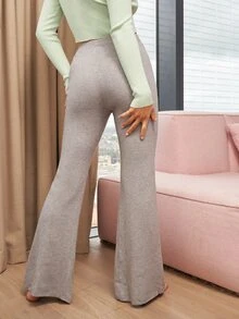 SHEIN High Waist Flare Leg Split Hem Knit Trousers - Grey - View 2