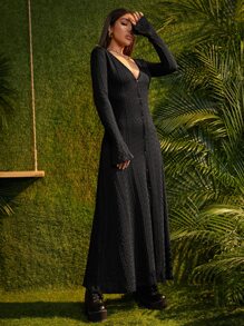 紋理質感荷葉袖前紐扣洋裝