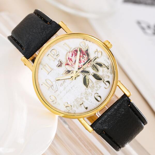

Flower Pattern Dial Round Pointer Quartz Watch